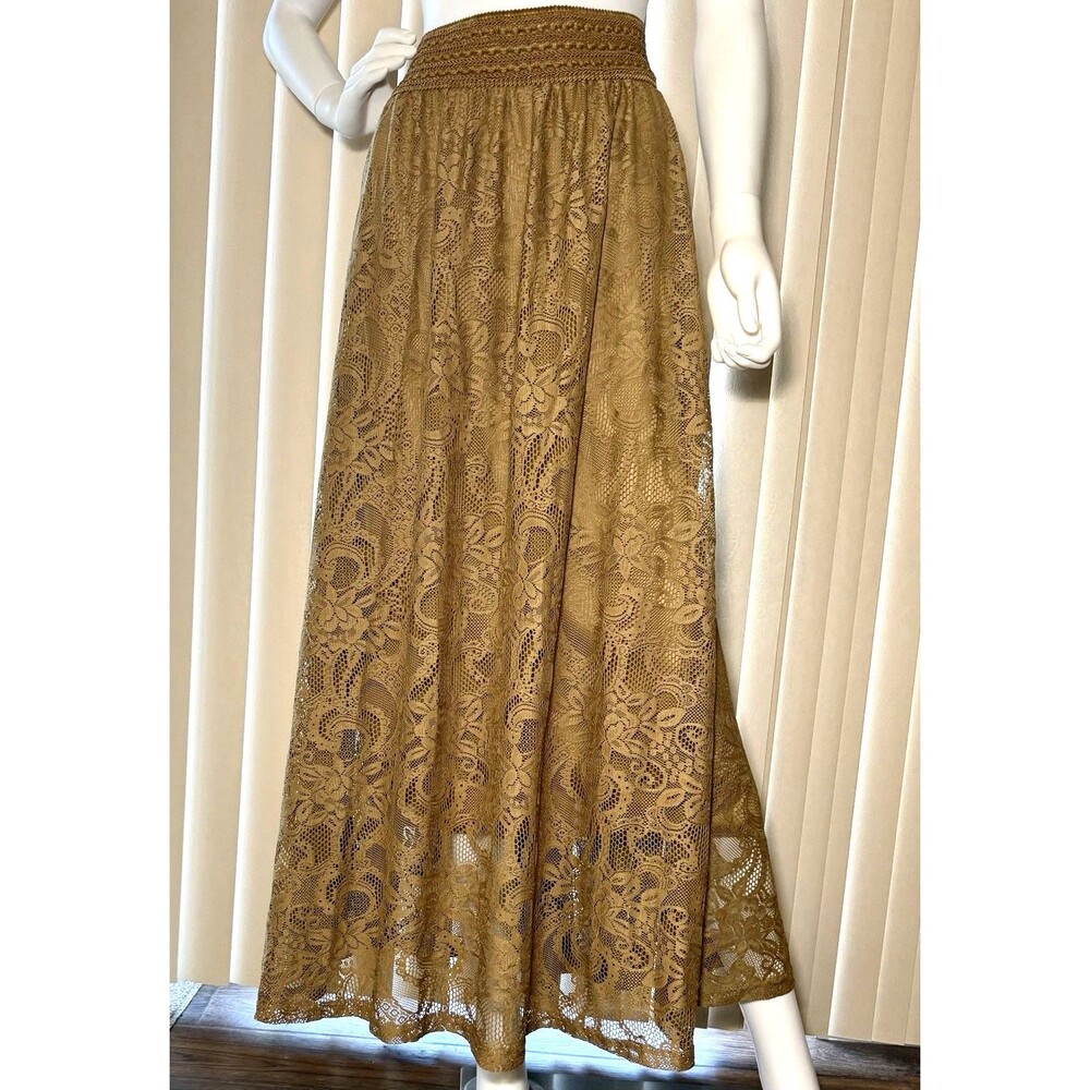 Me 2 Magic Mustard Gold Floral Lace Maxi Skirt Stretch Waist Boho Lined Large